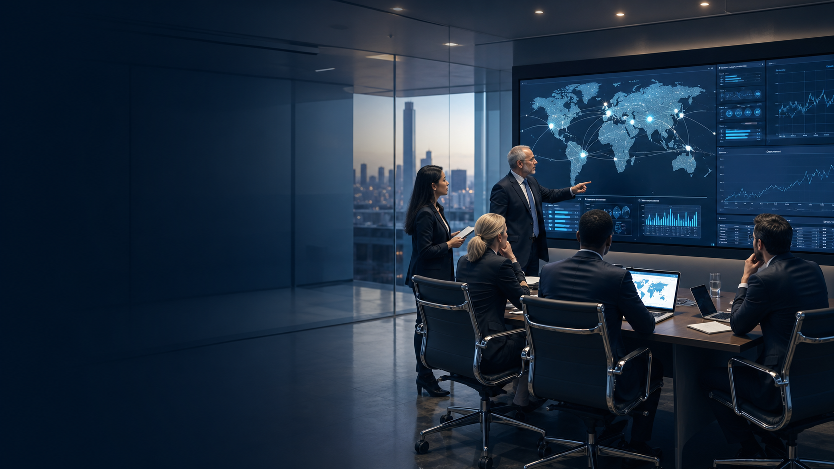 Corporate risk specialists reviewing a global risk dashboard